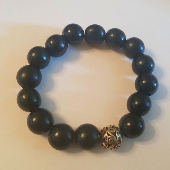 Black 12mm Wooden Beaded Expansion Bracelet W/Silverplate Bead New Custom Made - Picture 1 of 5
